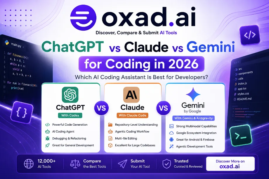 ChatGPT vs Claude vs Gemini for Coding in 2026: Complete Developer Comparison ChatGPT vs Claude vs Gemini for coding in 2026 – AI coding tools comparison by OXAD.AI