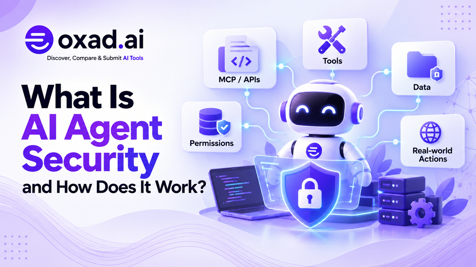 What Is AI Agent Security and How Does It Work? AI agent security showing AI agents, tools, MCP, permissions, data, and real-world actions