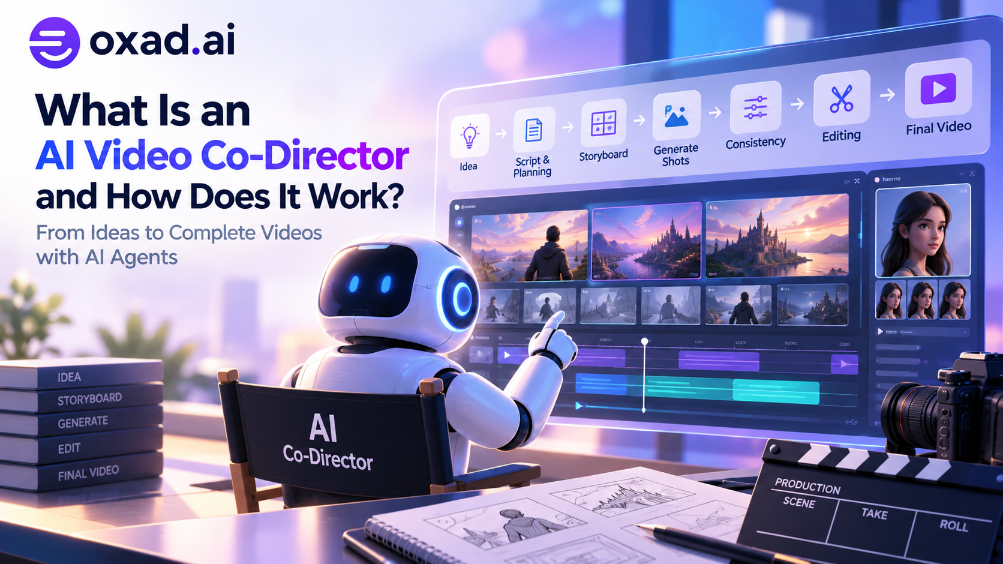 AI video co-director planning storyboards, generating shots, maintaining consistency, editing, and producing a final video