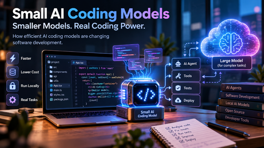 Small AI coding model connected to a code editor, AI agent, development tools, tests, and a larger AI model