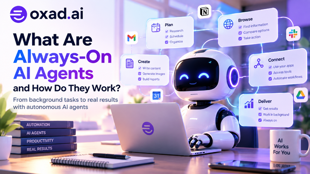 Always-on AI agents planning, browsing, connecting apps, creating content, and delivering results