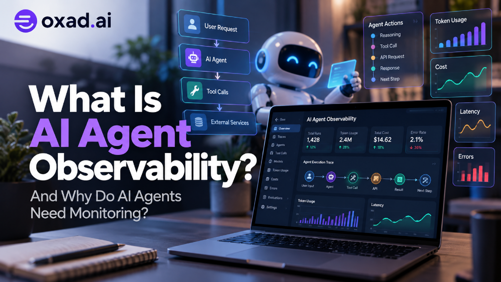 AI agent observability dashboard showing agent actions, tool calls, tokens, costs, latency, and errors